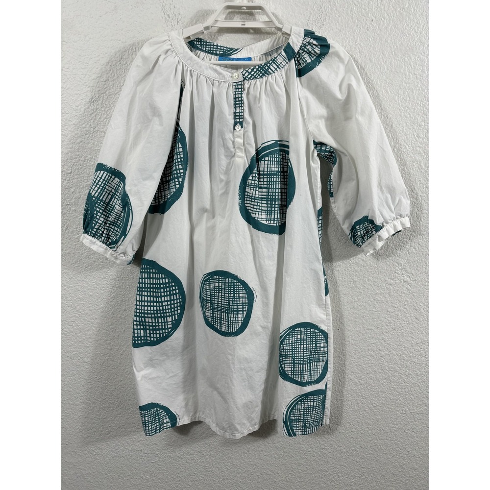 Virginia Johnson Dress Womens Small White Teal Print Tunic Shift Mini 3/4 Sleeve
